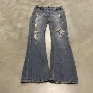 Ariya Jeans Womens 9/10 Medium Wash Distressed Flare Leg Embroidered Flap Pocket
